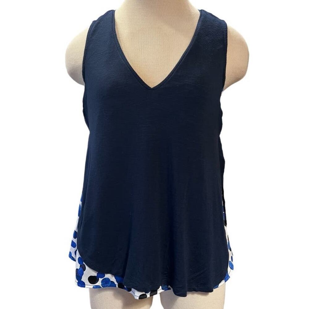 Anthropologie Deletta Layered Tank V-Neck SZ XS Navy Blue White Black Polka Dots